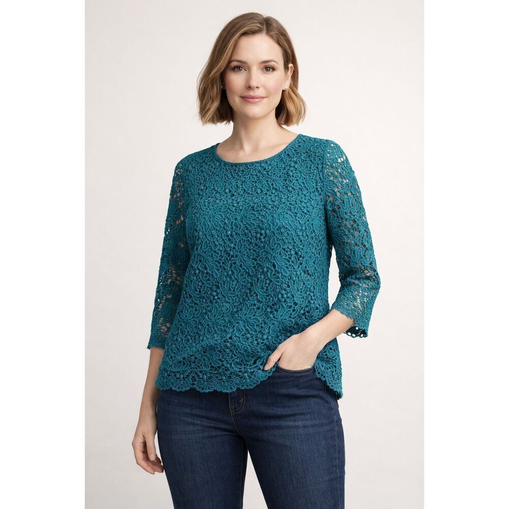 Talbots Teal Floral Lace Blouse Women’s Size 10 3/4 Sleeve Cotton